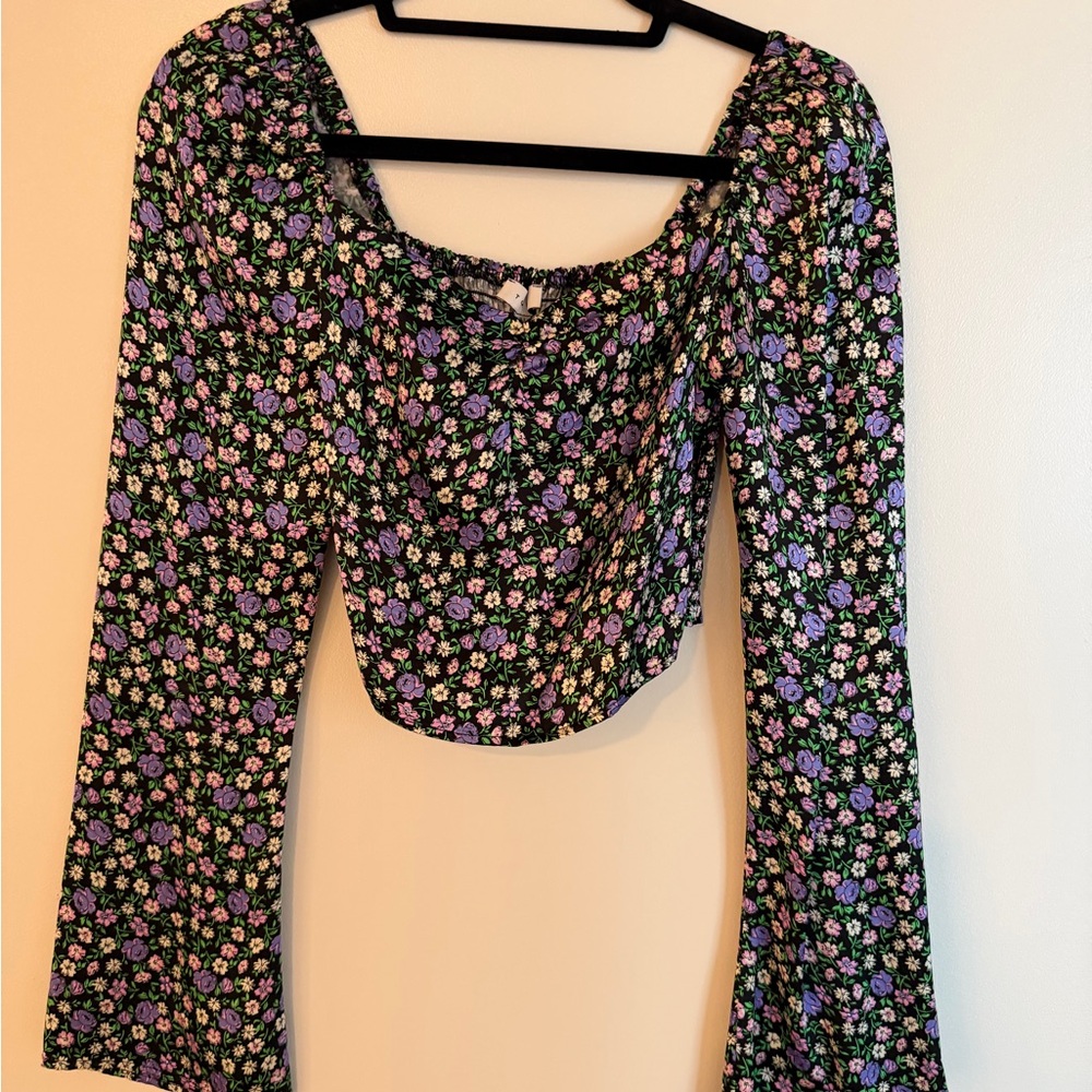 Topshop Black Floral Long-Sleeve Crop Blouse with Purple & Pink Flowers